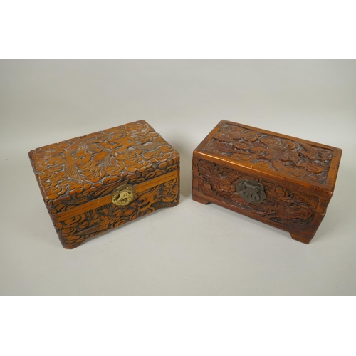 186 - A collection of C19th and C20th Chinese carved camphor wood and hardwood jewellery boxes with dragon... 