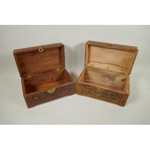 186 - A collection of C19th and C20th Chinese carved camphor wood and hardwood jewellery boxes with dragon... 