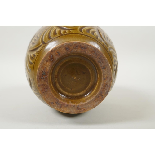 188 - A Chinese Song style olive glazed pottery vase with incised floral decoration, 15cm high