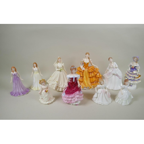 197 - Ten Royal Doulton figurines, to include Bride (Ivory), HN3285; Bridesmaid HN3476; Sweet Sixteen, HN3... 