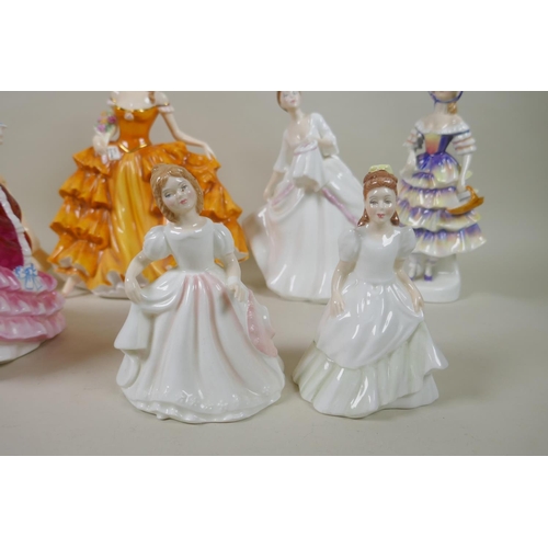 197 - Ten Royal Doulton figurines, to include Bride (Ivory), HN3285; Bridesmaid HN3476; Sweet Sixteen, HN3... 