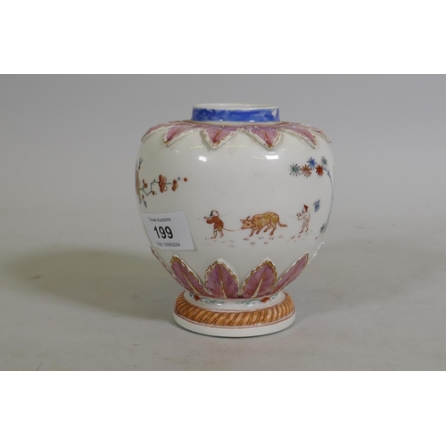 199 - An early C18th Meissen tea caddy with Kakiemon decoration, painted with phoenix amongst blossoms and... 