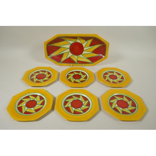 200 - A 1920s Clarice Cliff original Bizarre porcelain sandwich set, comprising a 334 shape sandwich tray ... 