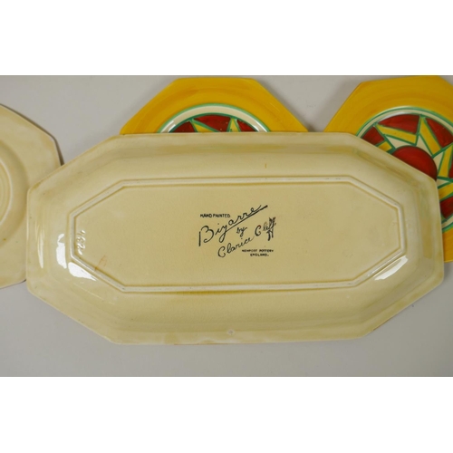 200 - A 1920s Clarice Cliff original Bizarre porcelain sandwich set, comprising a 334 shape sandwich tray ... 