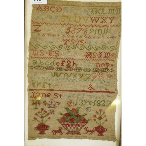 216 - A C19th sampler by Jane Stepenson, aged 13 years, 1837, 20 x 30cm