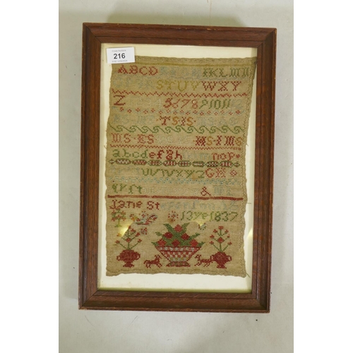 216 - A C19th sampler by Jane Stepenson, aged 13 years, 1837, 20 x 30cm