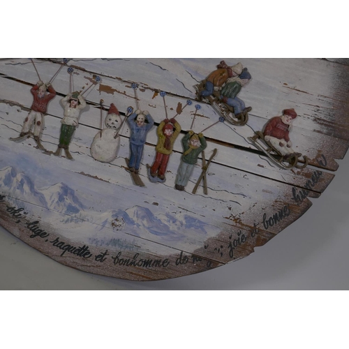 22 - A decorative painted pine panel celebrating French winter sports, 64cm diameter