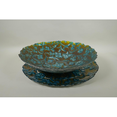 222 - A teal and gilt painted moulded glass bowl and matching charger with scrolling floral decoration, 42... 