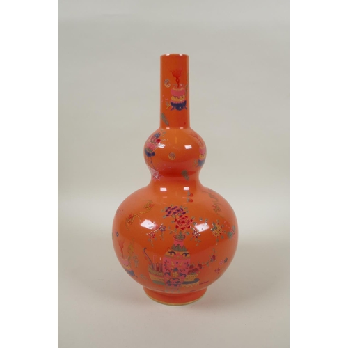 223 - A Chinese orange ground porcelain double gourd vase decorated with objects of virtue, GuangXu 6 char... 