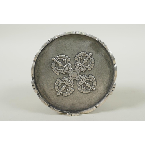 236 - A Tibetan white metal cylinder censer with pierced cover and raised decoration of the eight Buddhist... 