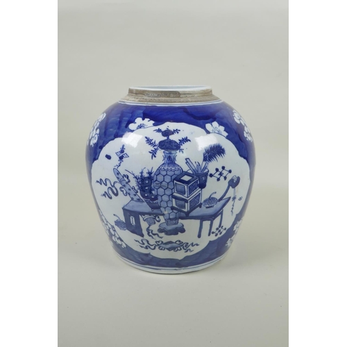 243 - A Chinese blue and white porcelain ginger jar, with decorative panels depicting objects of virtue, o... 