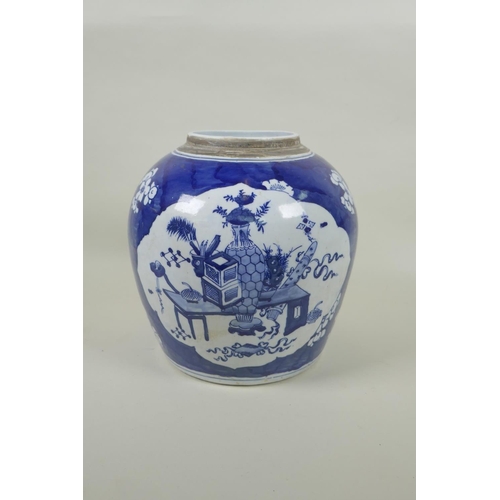 243 - A Chinese blue and white porcelain ginger jar, with decorative panels depicting objects of virtue, o... 