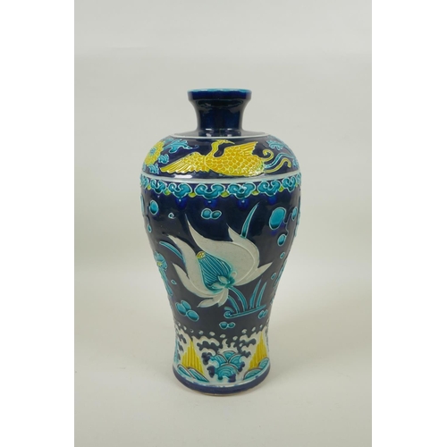 255 - A Chinese fahua Meiping porcelain vase with lotus pond and phoenix decoration, 30cm high