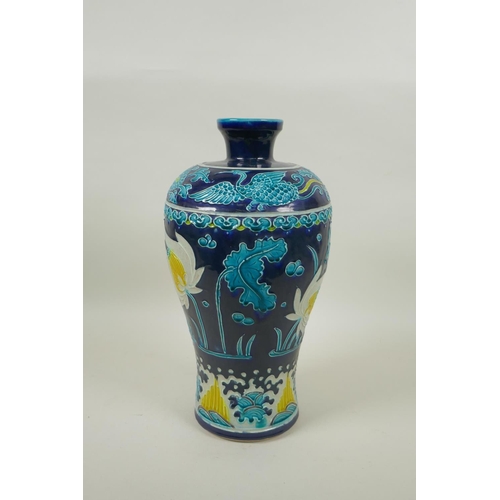 255 - A Chinese fahua Meiping porcelain vase with lotus pond and phoenix decoration, 30cm high