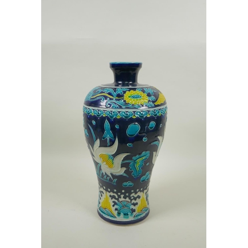 255 - A Chinese fahua Meiping porcelain vase with lotus pond and phoenix decoration, 30cm high