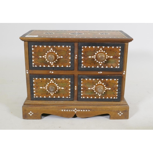 269 - An eastern inlaid wood four drawer spice chest, AF losses to back feet, 35 x 19 x 28cm