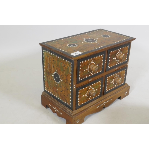 269 - An eastern inlaid wood four drawer spice chest, AF losses to back feet, 35 x 19 x 28cm