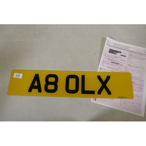 278 - Car Registration Plate, A8 OLX, on retention with DVLA Certificate of Entitlement V750