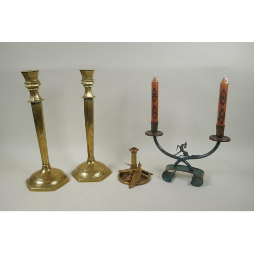 299 - A studio art copper and brass hand assembled candlestick, a bronze two branch candlestick with deer ... 