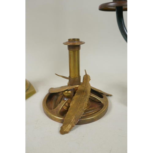 299 - A studio art copper and brass hand assembled candlestick, a bronze two branch candlestick with deer ... 