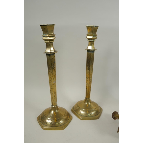 299 - A studio art copper and brass hand assembled candlestick, a bronze two branch candlestick with deer ... 