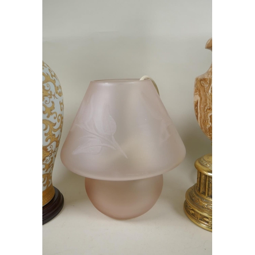 307 - A Rubens ware pomegranate vase converted to a table lamp, another ceramic vase table lamp, a lilac g... 