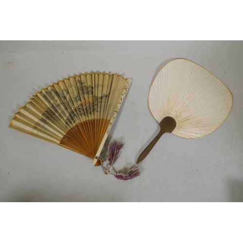 34 - A Japanese silk on paper fan, decorated with a view of Mt Fuji, birds and blossoms, 27cm long, and a... 