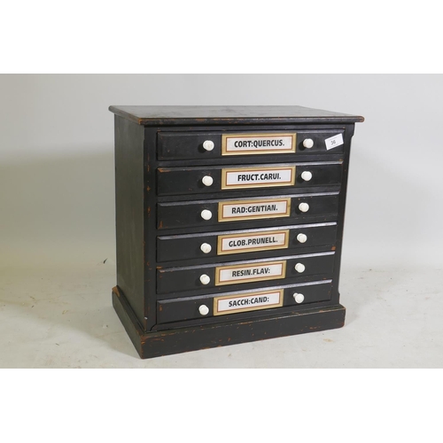 36 - A C19th painted pine apothecary's chest of six drawers with porcelain handles and glass labels, 45 x... 