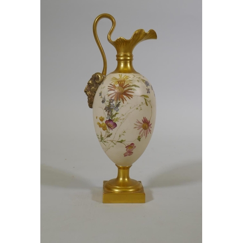 4 - A Royal Worcester blush ivory porcelain ewer, No1144 hand decorated with five floral sprays, stamp t... 