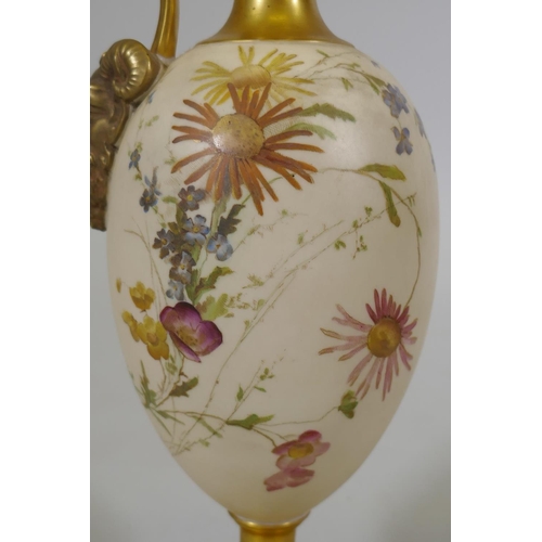 4 - A Royal Worcester blush ivory porcelain ewer, No1144 hand decorated with five floral sprays, stamp t... 