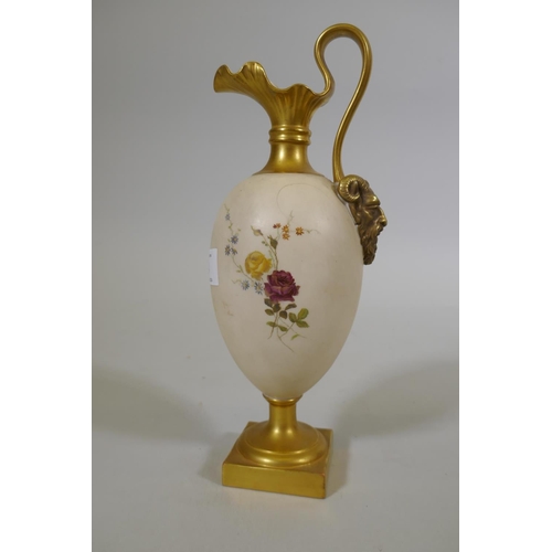 4 - A Royal Worcester blush ivory porcelain ewer, No1144 hand decorated with five floral sprays, stamp t... 