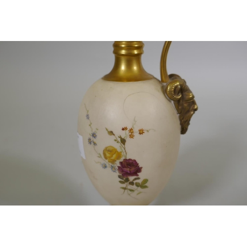 4 - A Royal Worcester blush ivory porcelain ewer, No1144 hand decorated with five floral sprays, stamp t... 