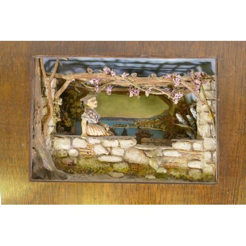 44 - Antique Italian diorama, a woman seated upon a wall overlooking a bay, 28 x 18cm, and two others of ... 