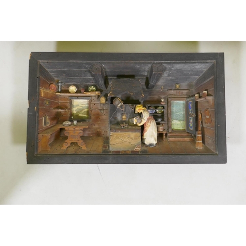 44 - Antique Italian diorama, a woman seated upon a wall overlooking a bay, 28 x 18cm, and two others of ... 