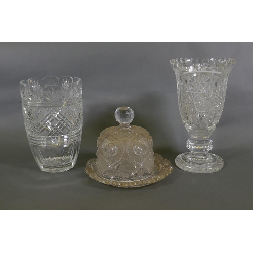 45 - A Waterford cut crystal glass vase, 20cm high, and a cut glass footed vase and Victorian cut glass c... 