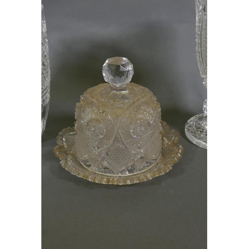 45 - A Waterford cut crystal glass vase, 20cm high, and a cut glass footed vase and Victorian cut glass c... 