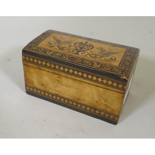 48 - Antique satinwood playing card case, with micro mosaic inlay and painted  decoration, 13 x 7 x 7cm