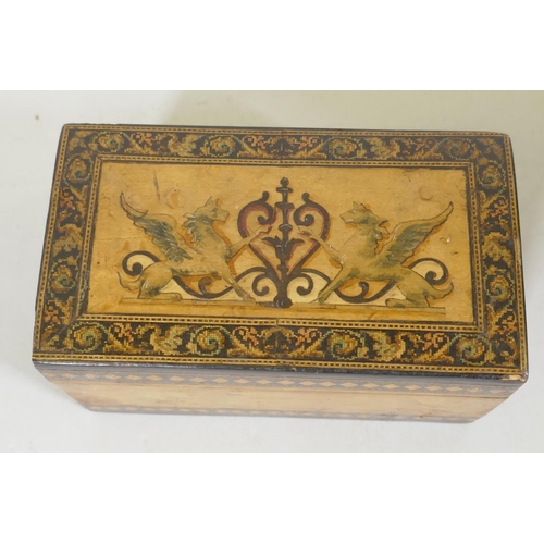 48 - Antique satinwood playing card case, with micro mosaic inlay and painted  decoration, 13 x 7 x 7cm