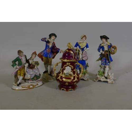 51 - Four C19th Continental hard paste porcelain figures and a pot pourri, all AF, largest figure 23cm hi... 