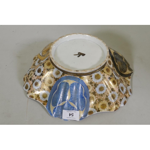 54 - A Japanese Satsuma shaped bowl with Tokugawa Kamon decoration, maker's mark to base, 29cm diameter