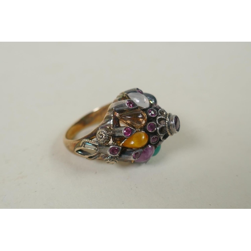 603 - A vintage 18ct gold gemstone set harem cluster ring, 9.2g gross, size N