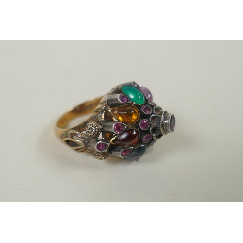 603 - A vintage 18ct gold gemstone set harem cluster ring, 9.2g gross, size N