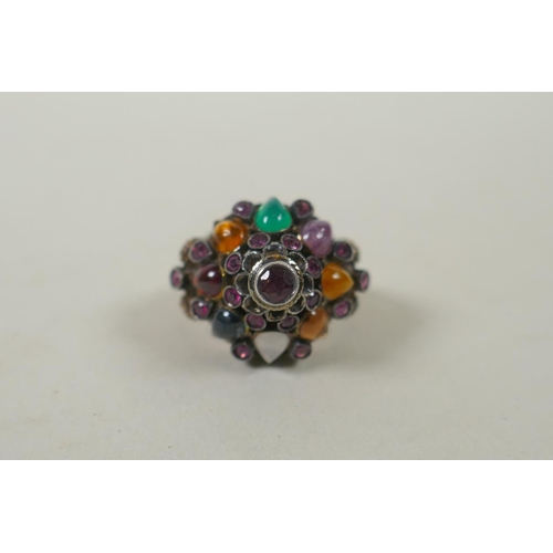 603 - A vintage 18ct gold gemstone set harem cluster ring, 9.2g gross, size N