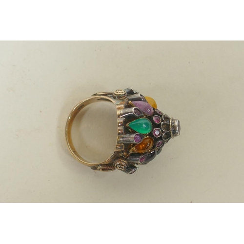 603 - A vintage 18ct gold gemstone set harem cluster ring, 9.2g gross, size N