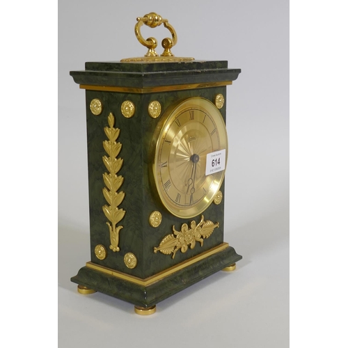 614 - An Empire style Le Castel Swiss mantel clock, with painted case, brass dial and ormolu mounts, C20th... 