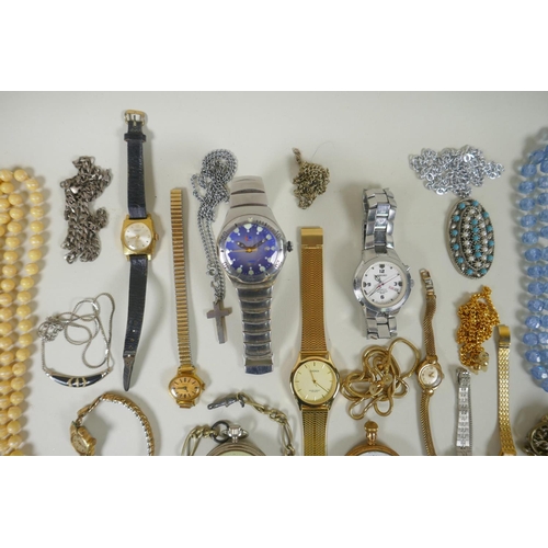 615 - A quantity of costume jewellery to include pocket watches, wrist watches, chains, watch movements, b... 