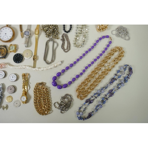 615 - A quantity of costume jewellery to include pocket watches, wrist watches, chains, watch movements, b... 