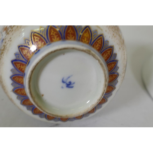 62 - A C19th Chinese famille rose dish, rim chipped, 15cm diameter, and a Meiji bud vase, chipped to rim,... 