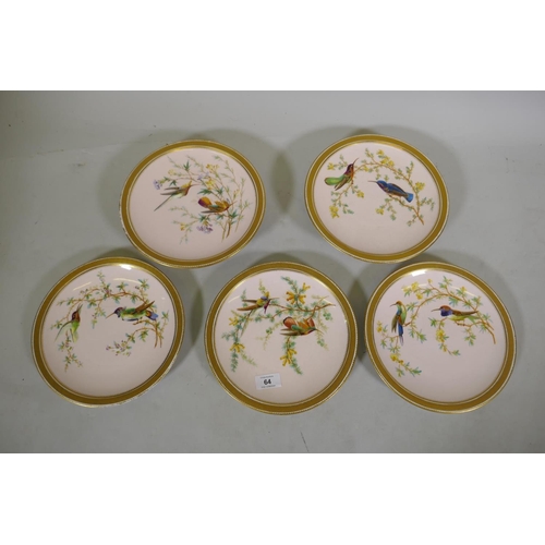 64 - A late C19th Derby porcelain part service, two tazza and three plates, with hand painted decoration ... 