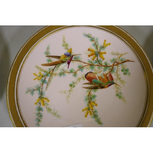 64 - A late C19th Derby porcelain part service, two tazza and three plates, with hand painted decoration ... 